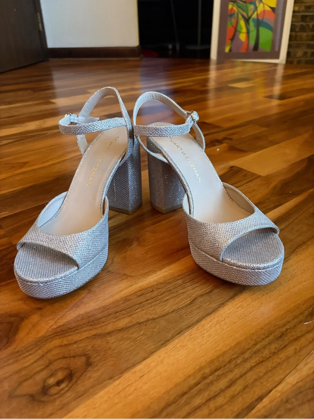 Stuart Weitzman Glittery Gold Dayna II Platform Sandals with Ankle Strap, NEW